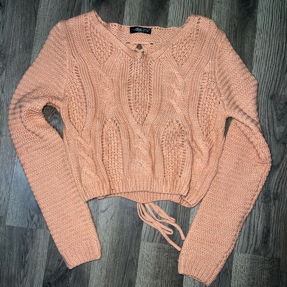 Cable Knit Cropped Lace-Up Sweater